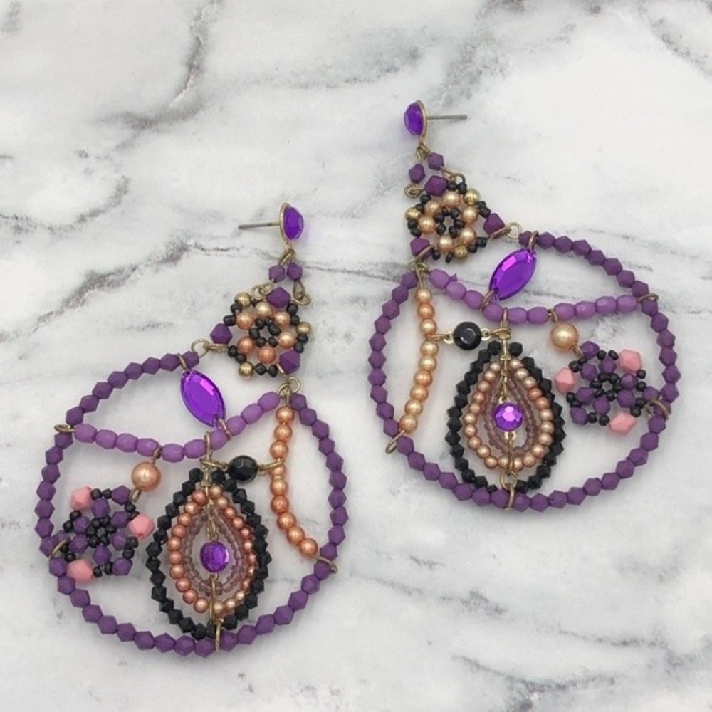 🌼 Large Statement Purple Beaded Statement Paisley Drop Earrings